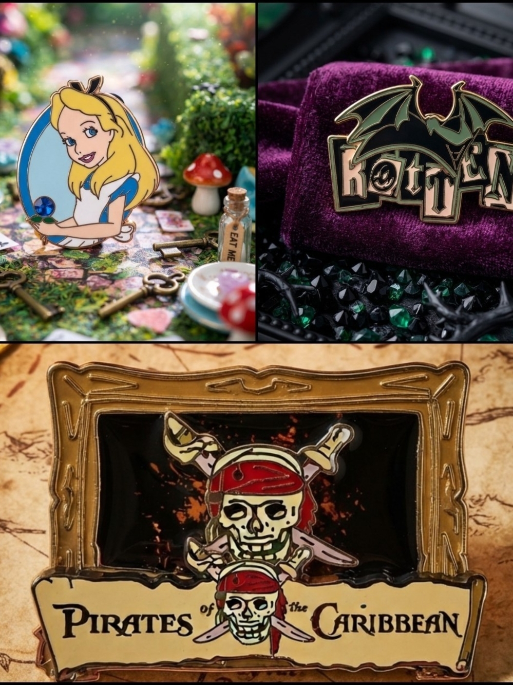 Vintage Disney Enamel Pin Lot of 3 Maleficent, Pirates & Alice in Wonderland